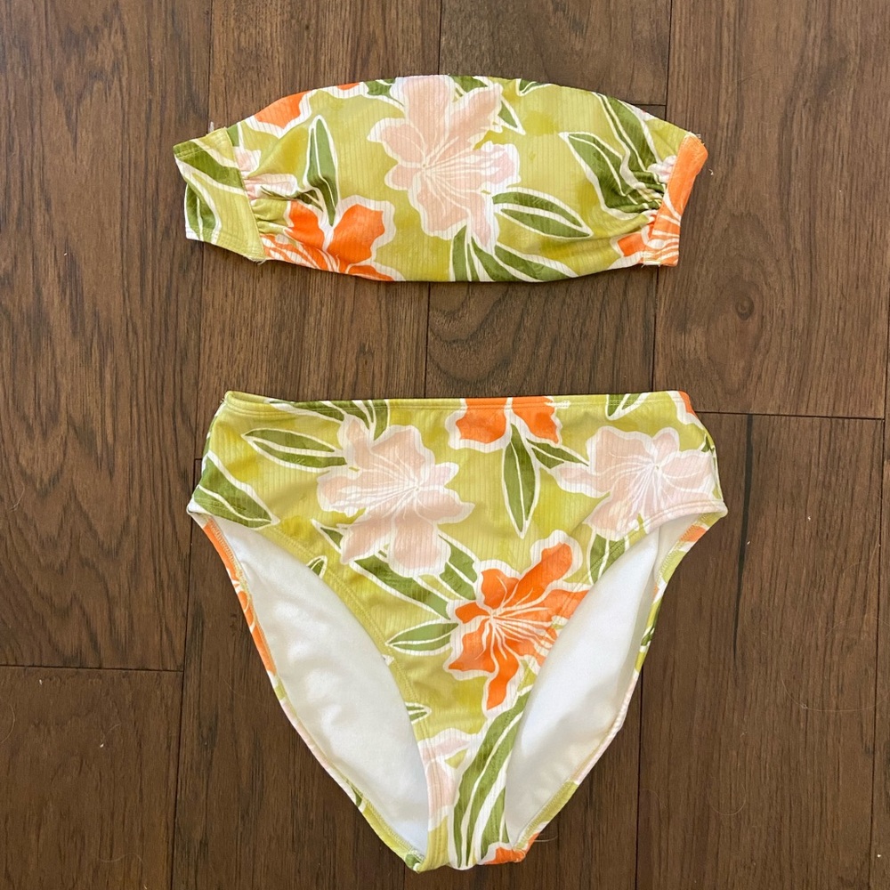 Tropical Green and Orange Bikini with Bold Floral Print